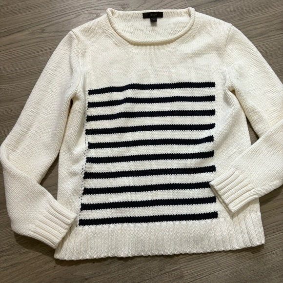J. Crew Ivory Blue Striped Rollneck Sweater Nautical Chunky Knit Cotton Sz XS - Picture 4 of 8